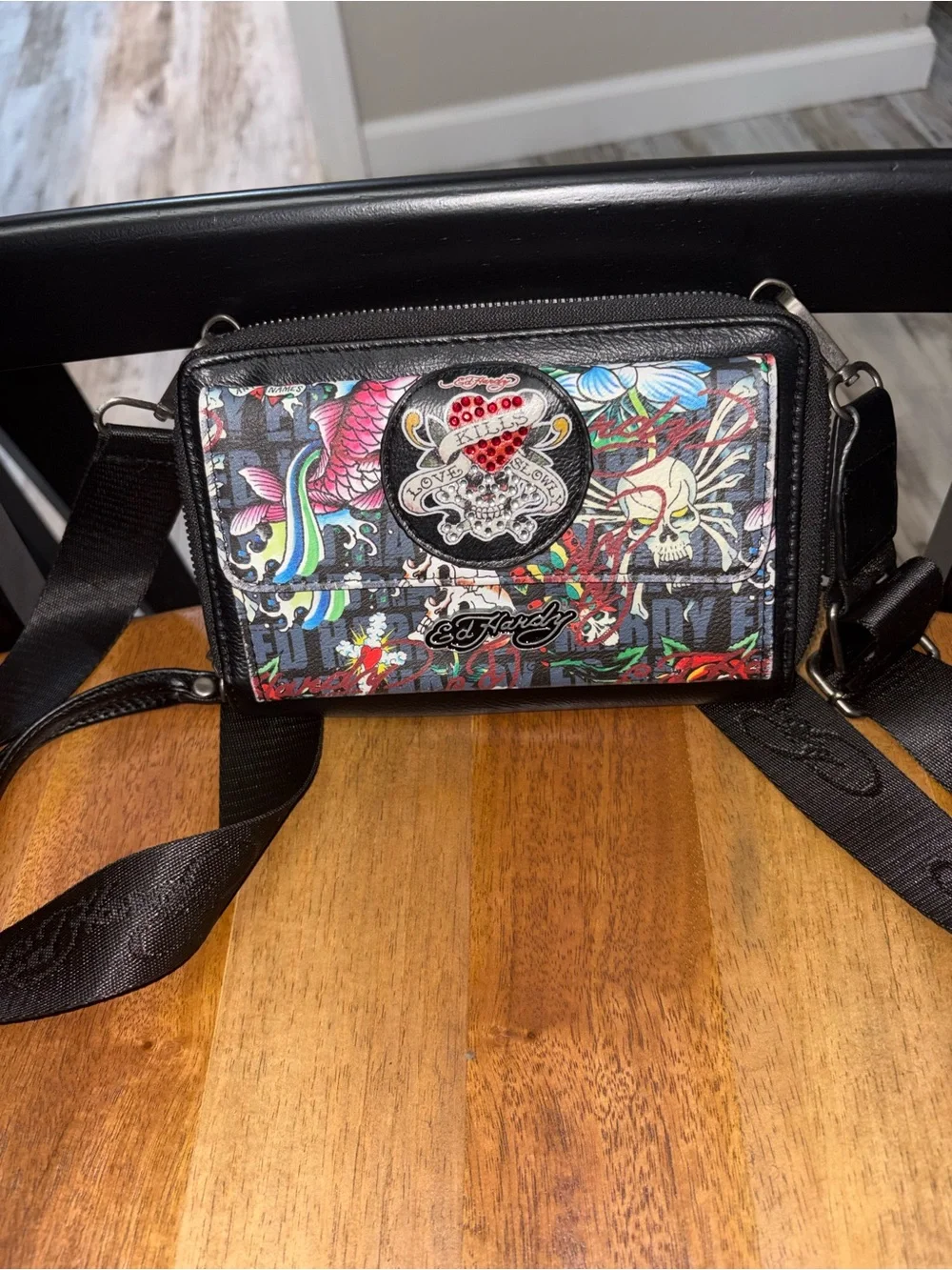 Ed Hardy Black Multicolor Tattoo-Print Crossbody Bag